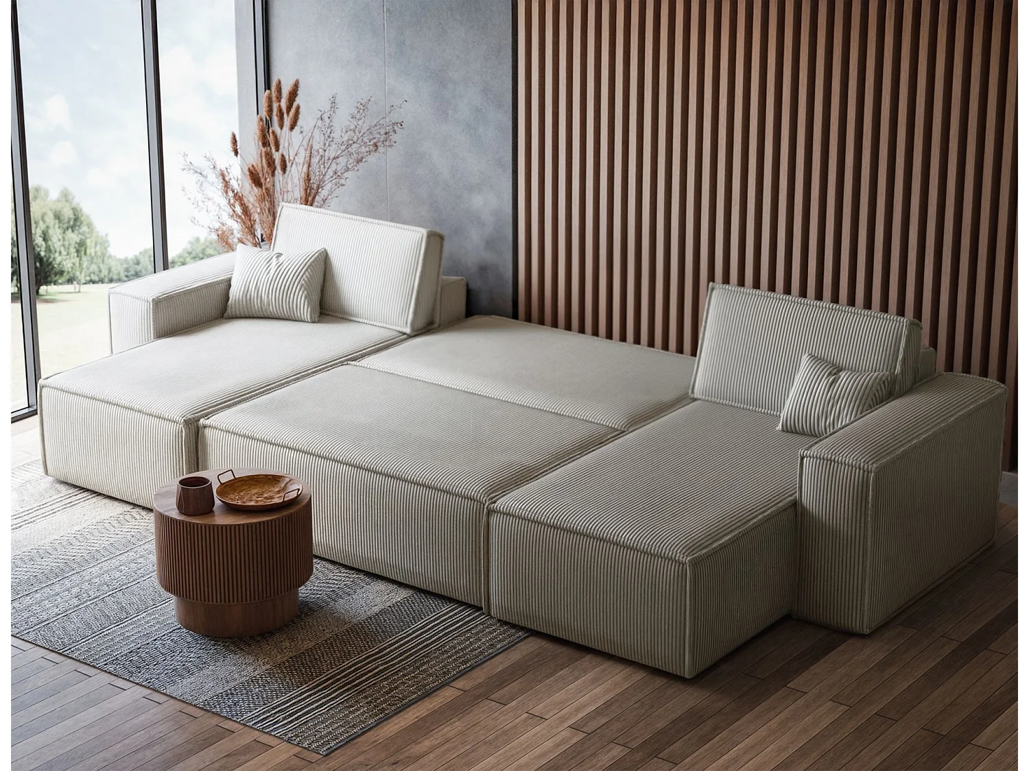 Canapé d'angle U convertible - en velours côtelé beige clair - SCARLO