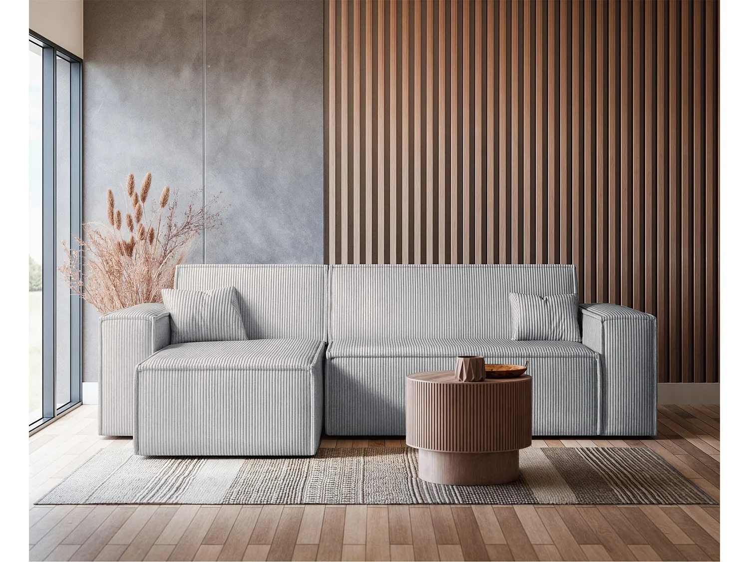 Canapé d'angle L réversible - en velours côtelé gris - SCARLO