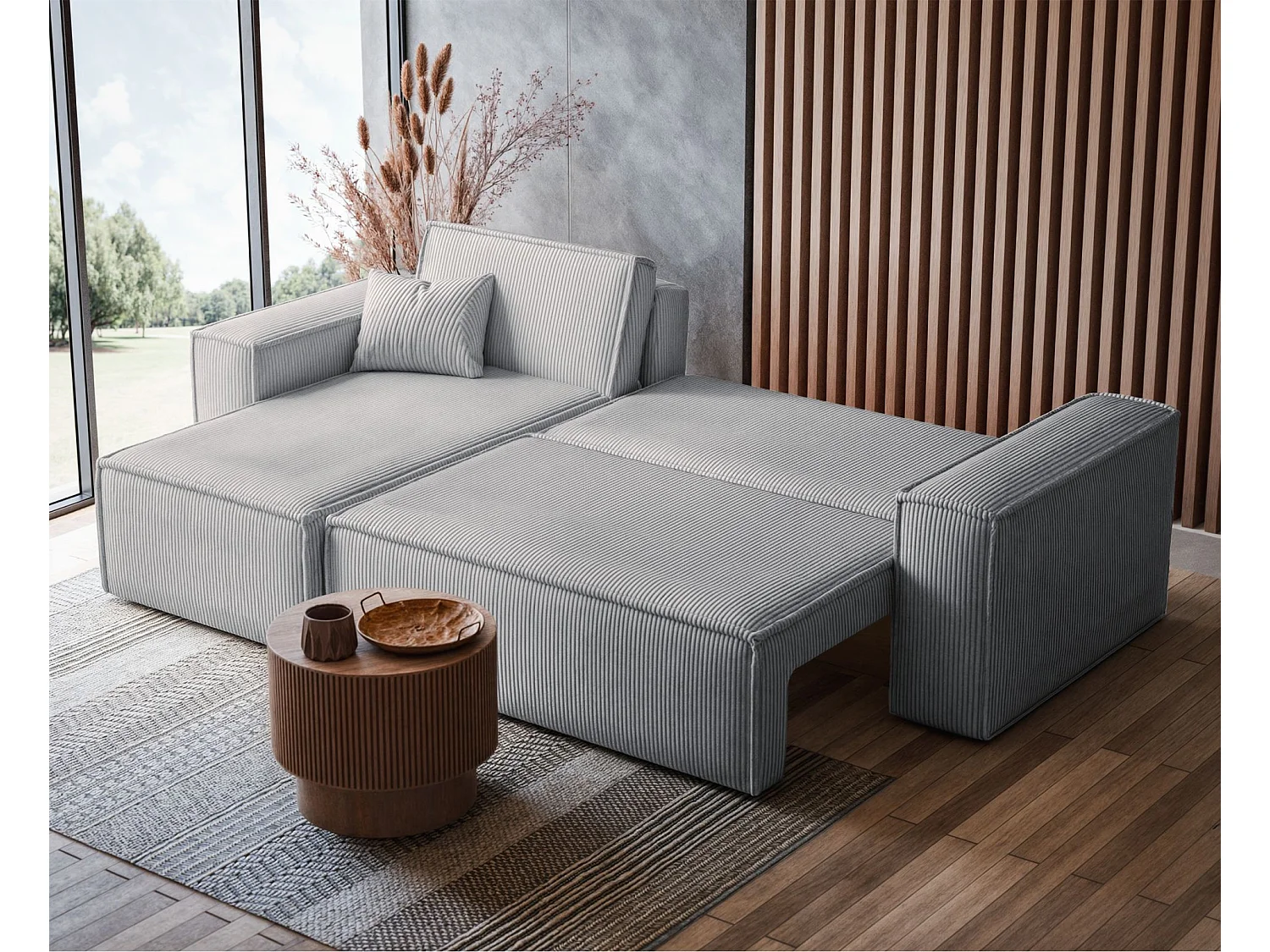 Canapé d'angle L réversible - en velours côtelé gris - SCARLO