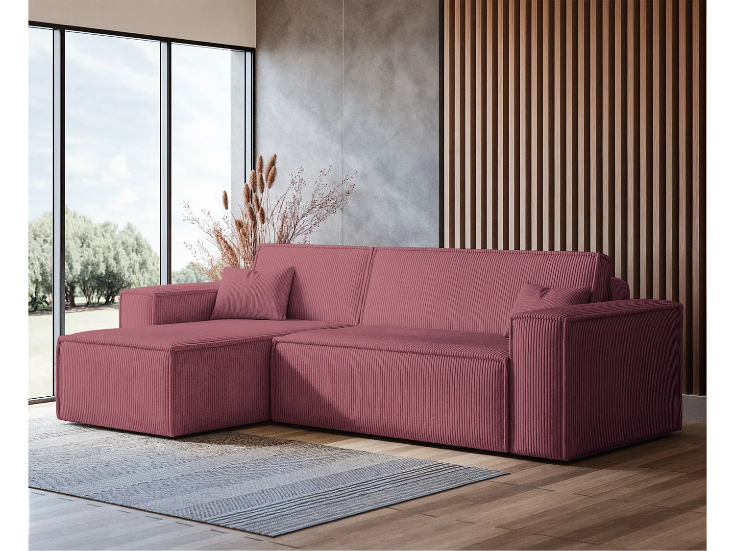 Canapé d'angle L réversible - en velours côtelé rose foncé - SCARLO