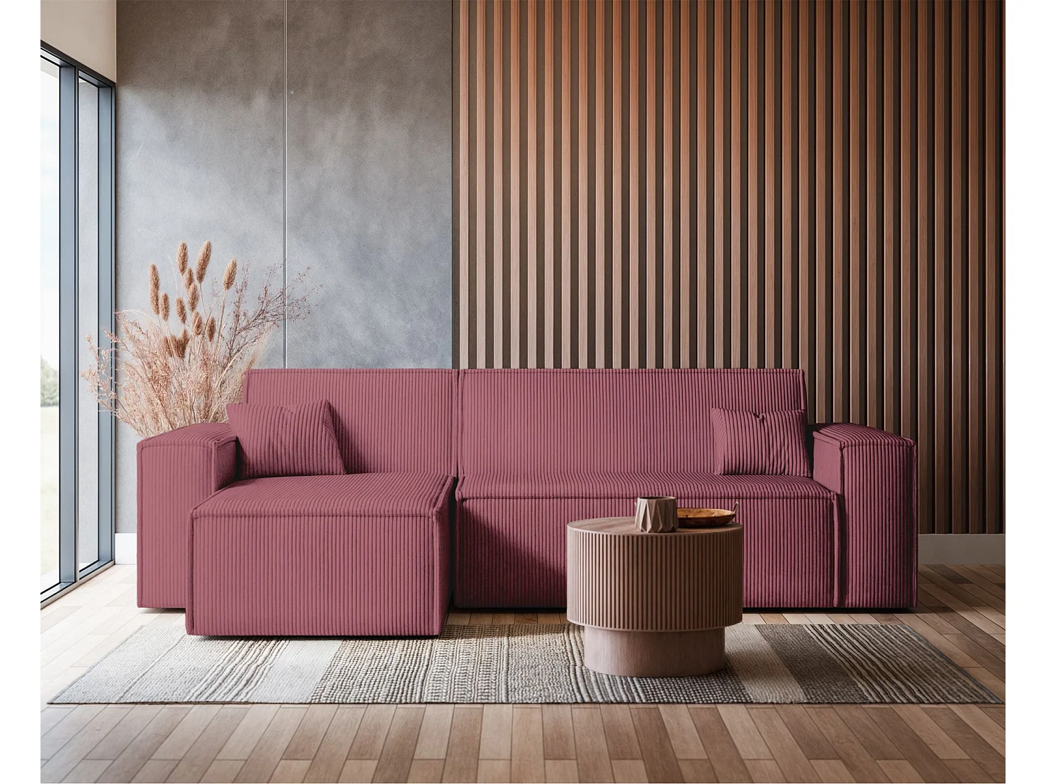 Omkeerbare L-vormige hoekbank - in donkerroze corduroy - SCARLO