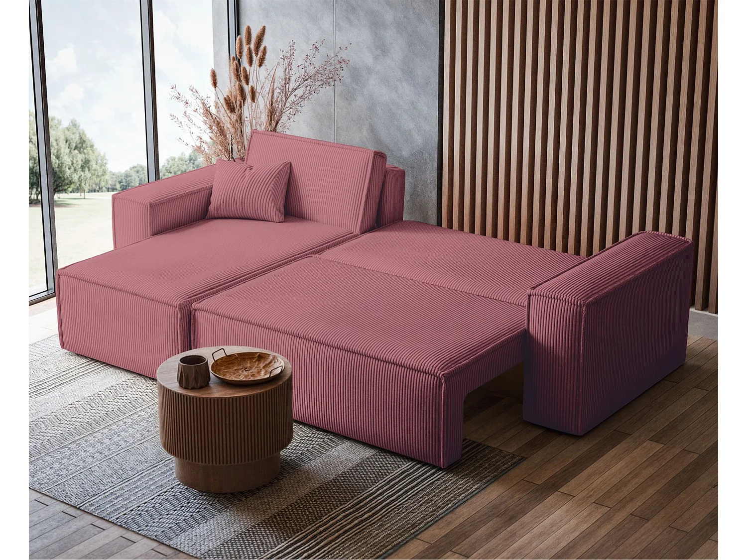 Omkeerbare L-vormige hoekbank - in donkerroze corduroy - SCARLO