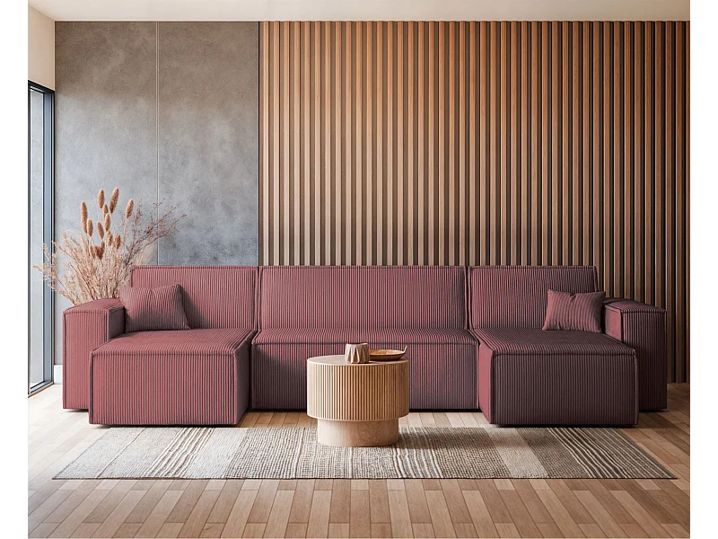 U-Form-Sofa mit Schlaffunktion - Cordbezug in Dunkelrosa - SCARLO U