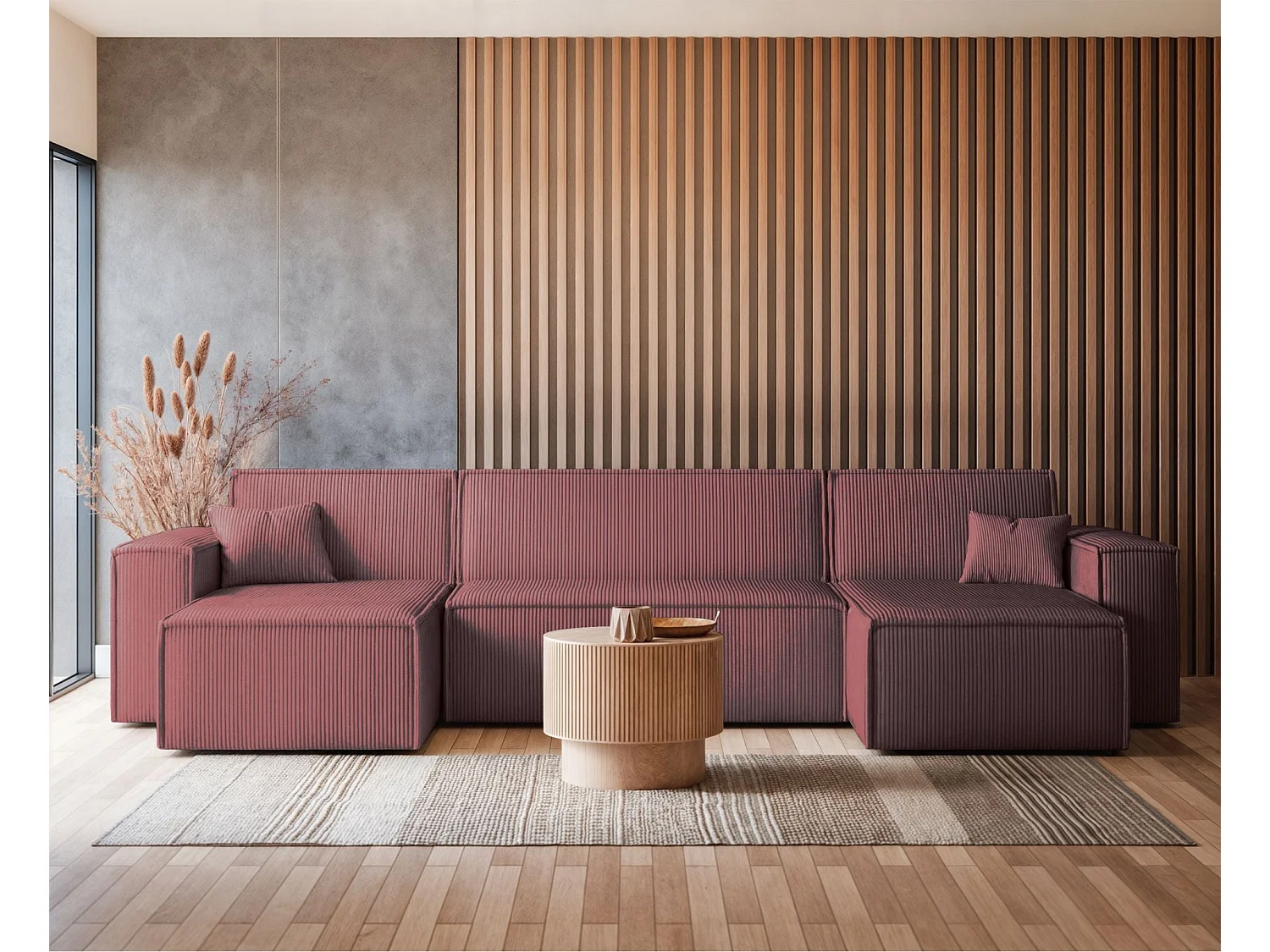 U-Form-Sofa mit Schlaffunktion - Cordbezug in Dunkelrosa - SCARLO U