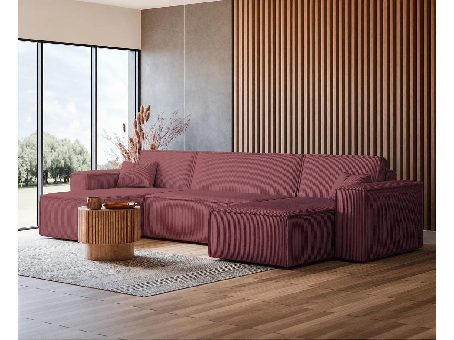 U-Form-Sofa mit Schlaffunktion - Cordbezug in Dunkelrosa - SCARLO U