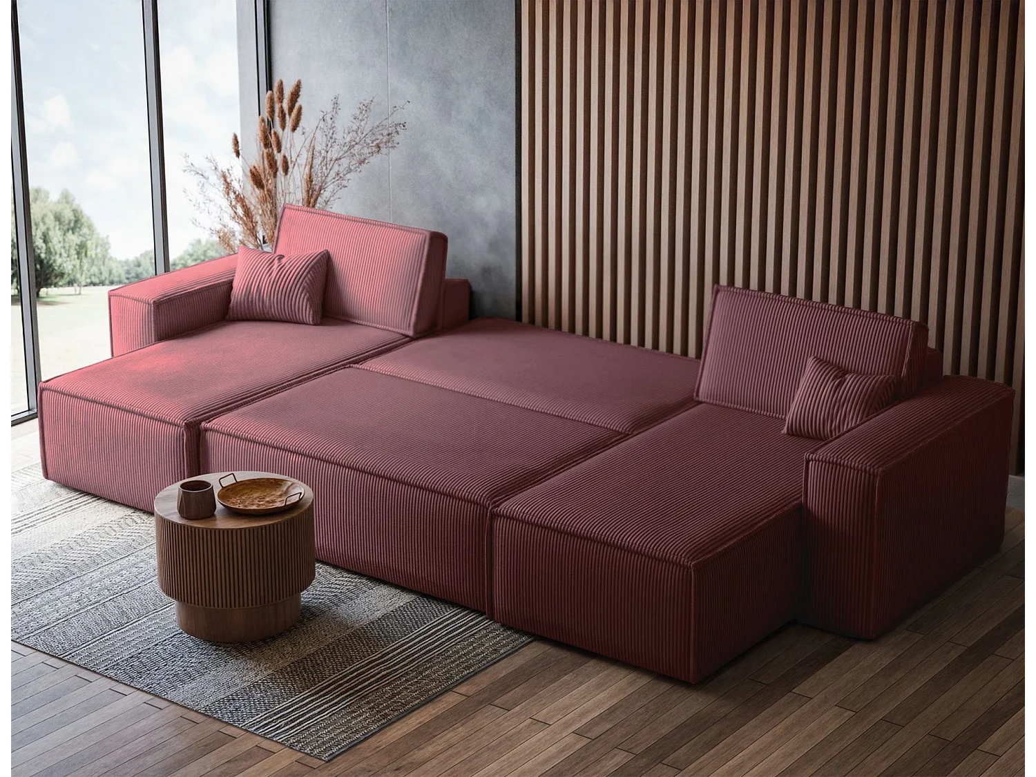U-Form-Sofa mit Schlaffunktion - Cordbezug in Dunkelrosa - SCARLO U