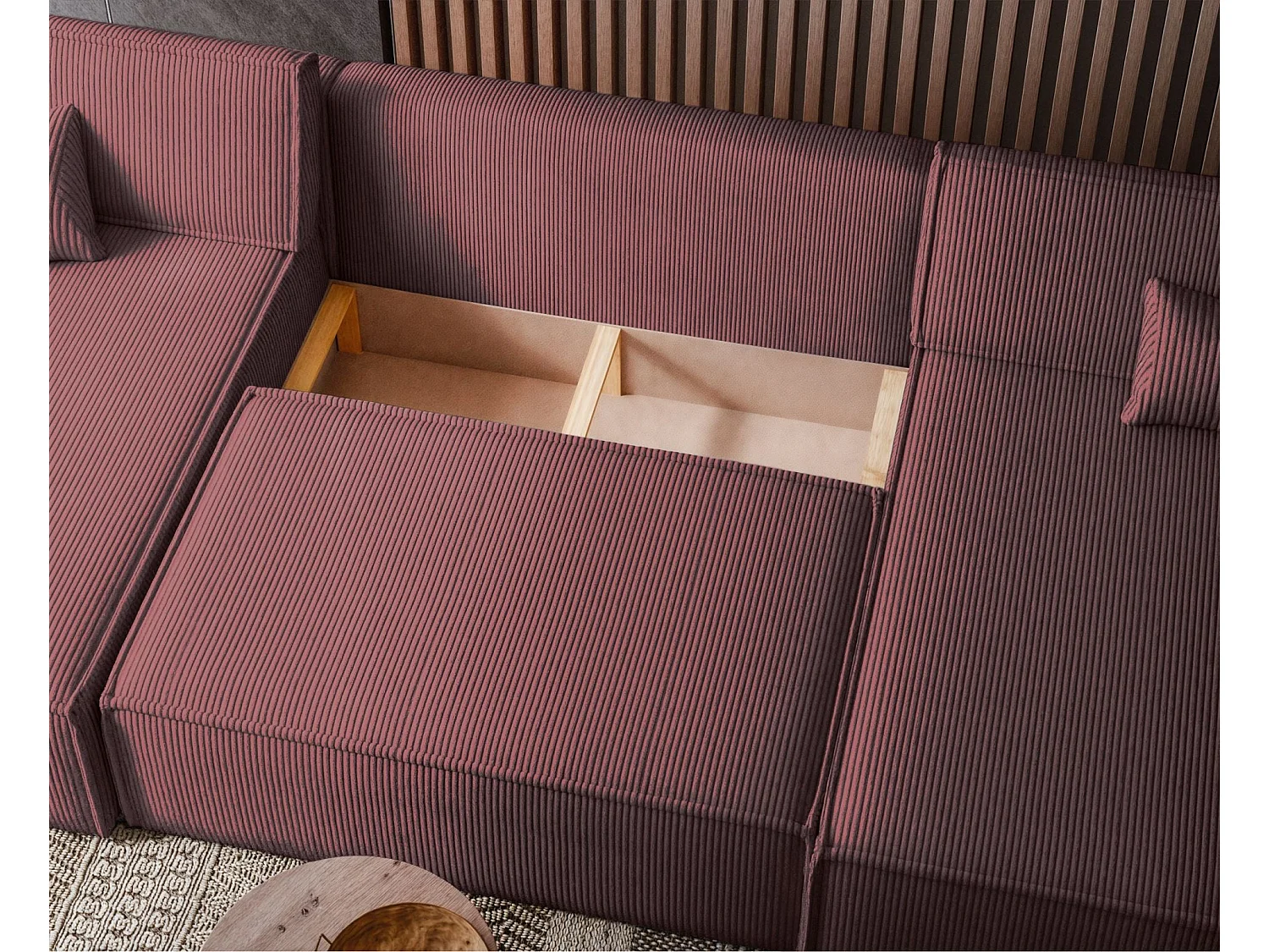 U-Form-Sofa mit Schlaffunktion - Cordbezug in Dunkelrosa - SCARLO U