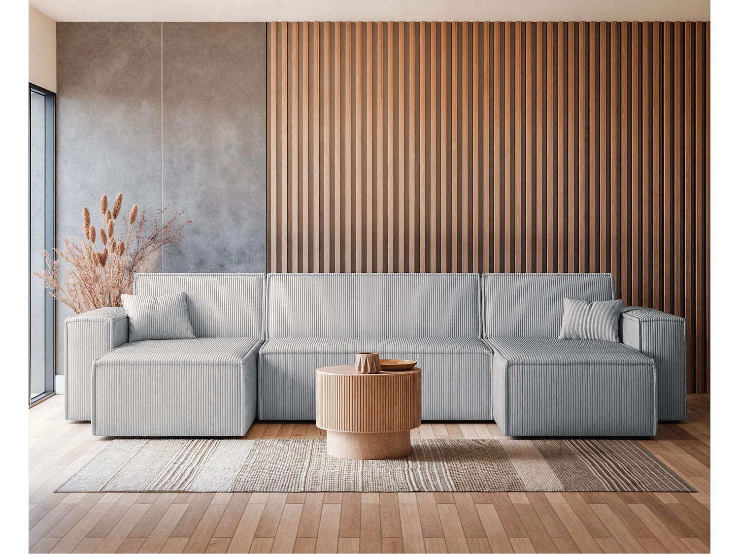 Canapé d'angle U convertible - en velours côtelé gris - SCARLO