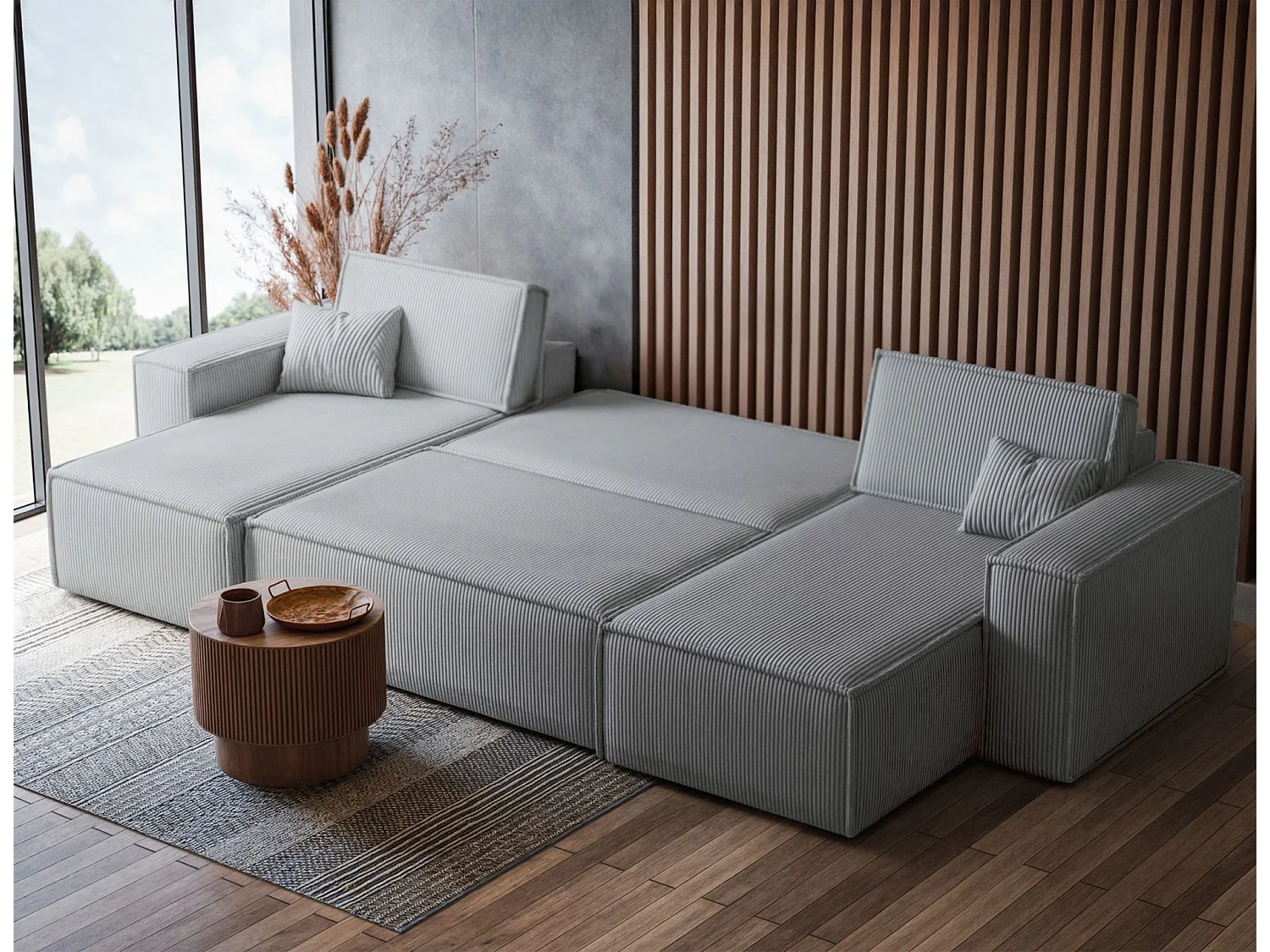Canapé d'angle U convertible - en velours côtelé gris - SCARLO