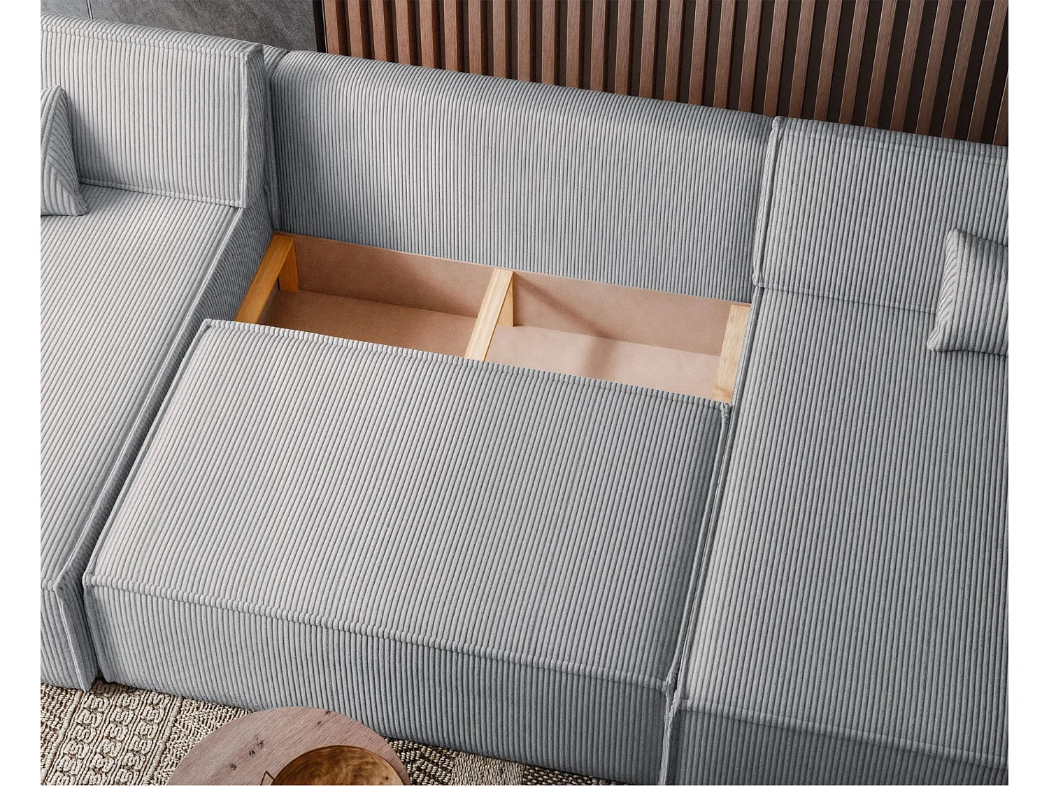 Canapé d'angle U convertible - en velours côtelé gris - SCARLO