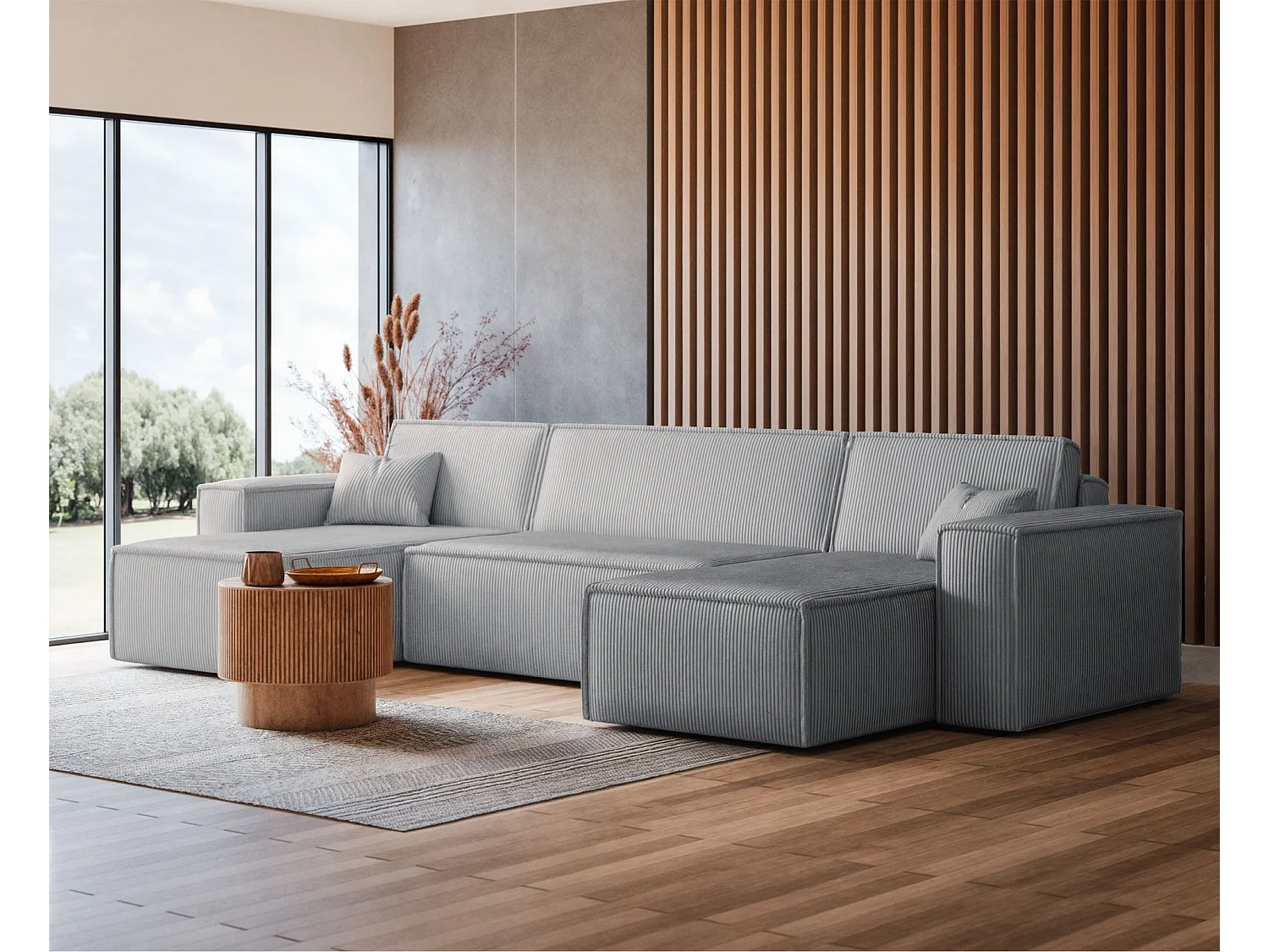 Canapé d'angle U convertible - en velours côtelé gris - SCARLO