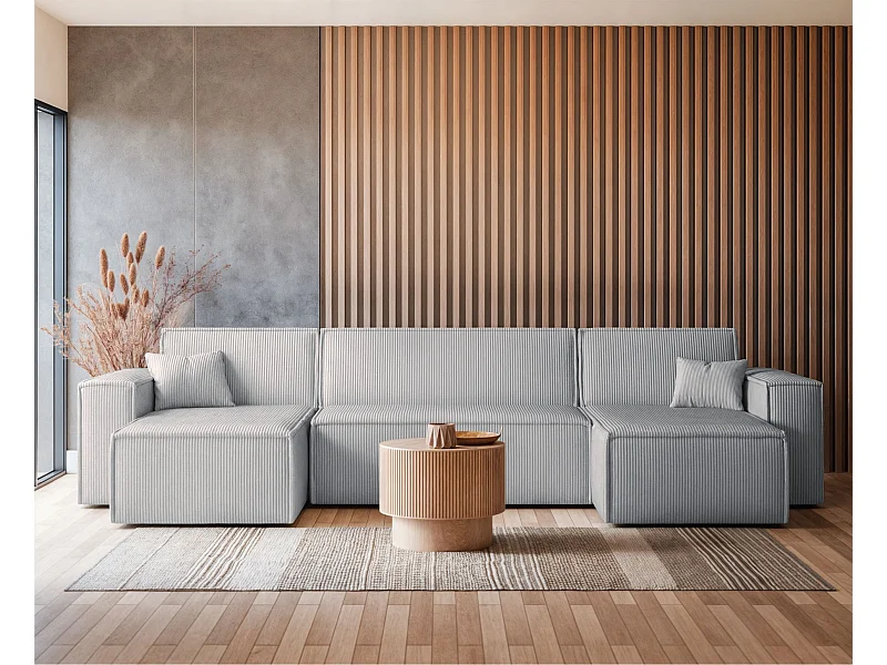 Canapé d'angle U convertible - en velours côtelé gris - SCARLO