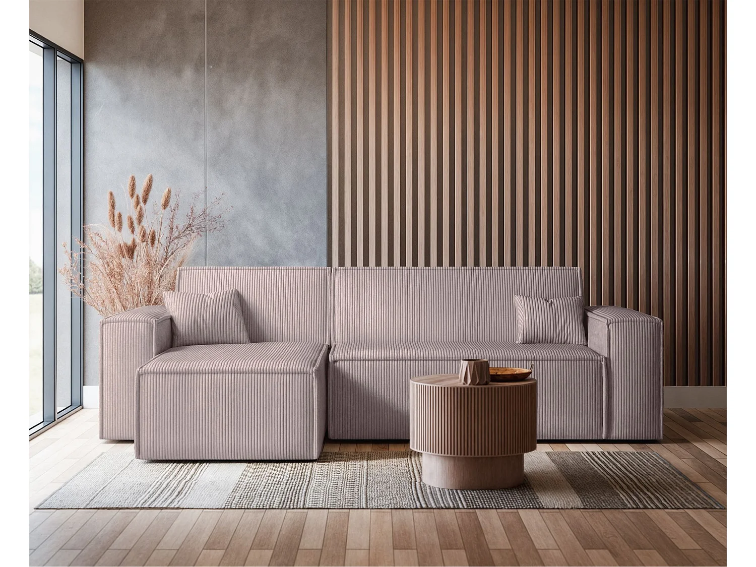 Canapé d'angle L réversible - en velours côtelé beige - SCARLO