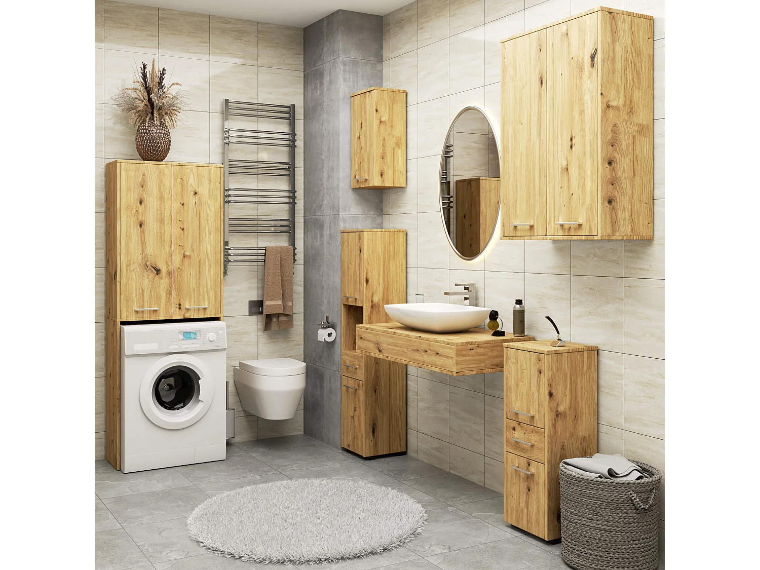 Badkamerkast voor Wasmachine FIN / Hoge Wasmachinekast met 2 Deuren / AKORD Furniture Factory / Artisan Eik / 64 x 180 x 30 cm