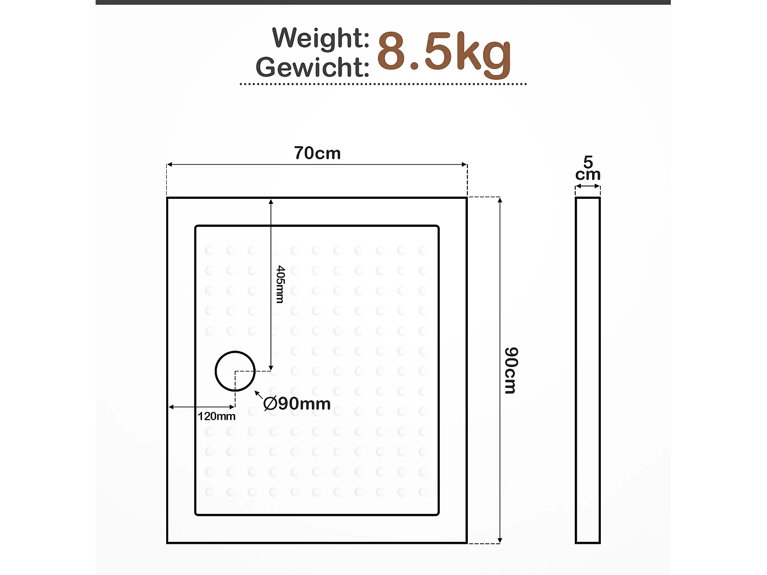 Douchebak - 70x90x5 cm (LxBxH) - Wit