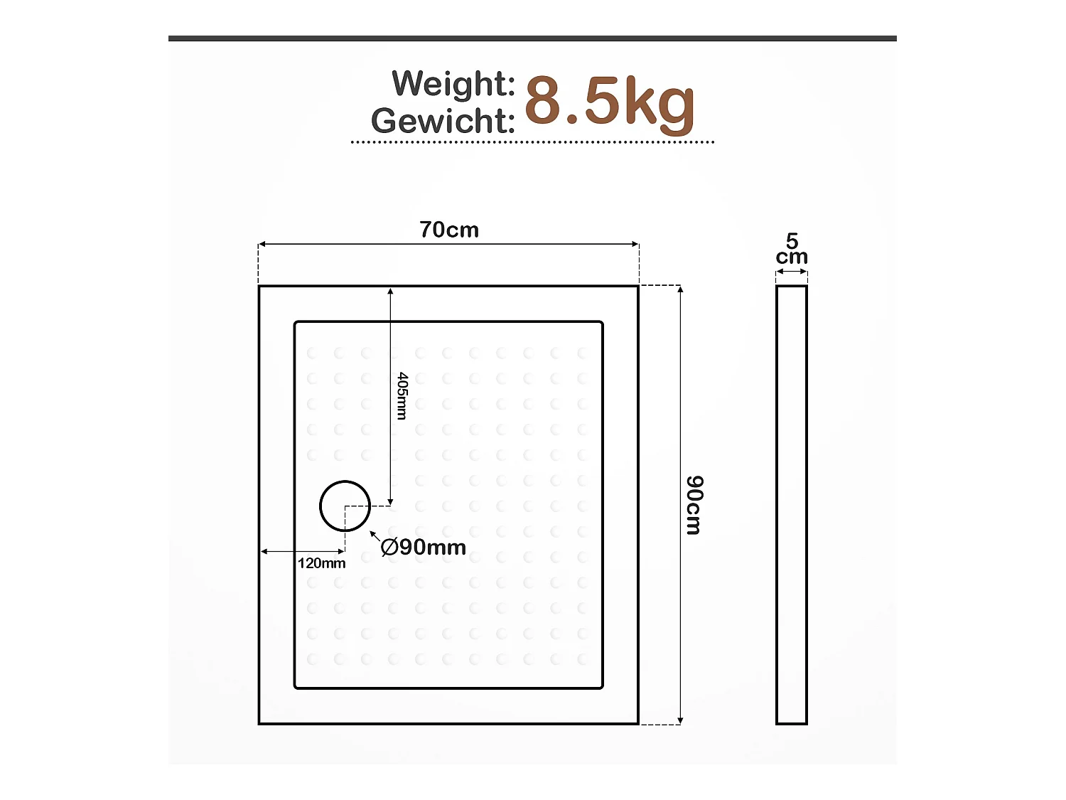 Receveur de douche - 70x90x5 cm (LxBxH) - Blanc