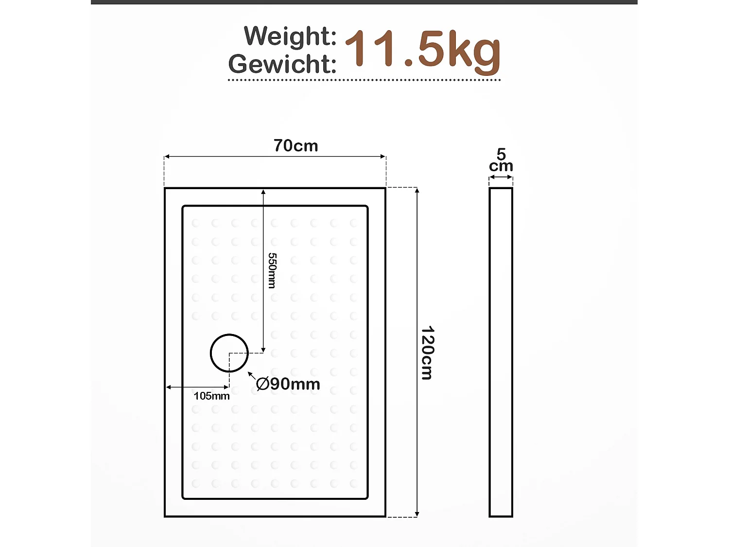 Receveur de douche - 120x70x5 cm (LxBxH) - Blanc
