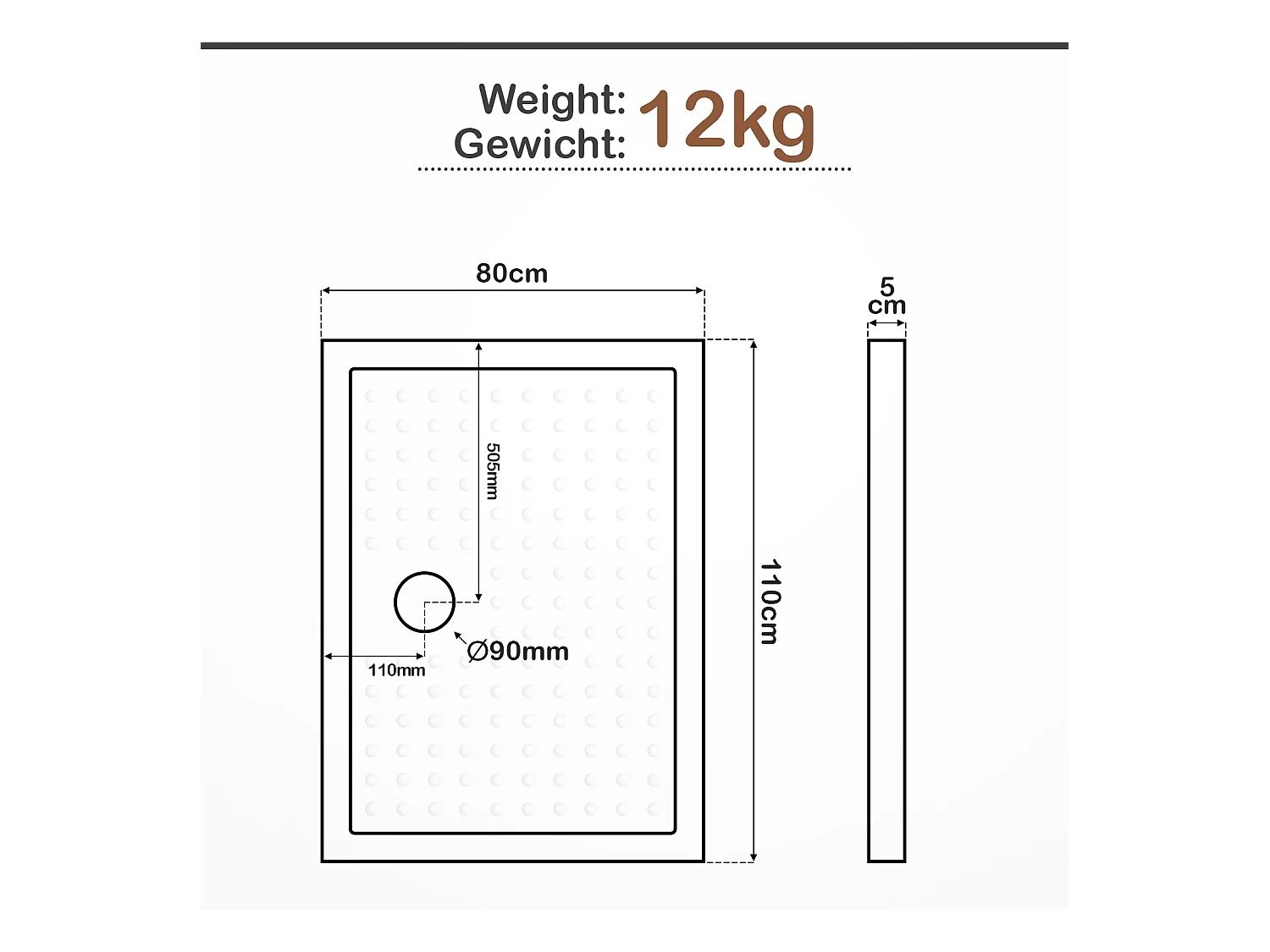 Receveur de douche - 110x80x5 cm (LxBxH) - Blanc