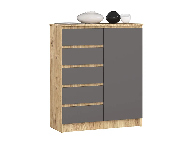 Stijlvolle Staande Kast Dąb Artisan en Grafietgrijs - 80x97x35 cm - Eenvoudig Zelfmontage - 5 Lades, 1 Deur, 3 Planken - Praktische Blokkeerfunctie - Mat Afwerking
