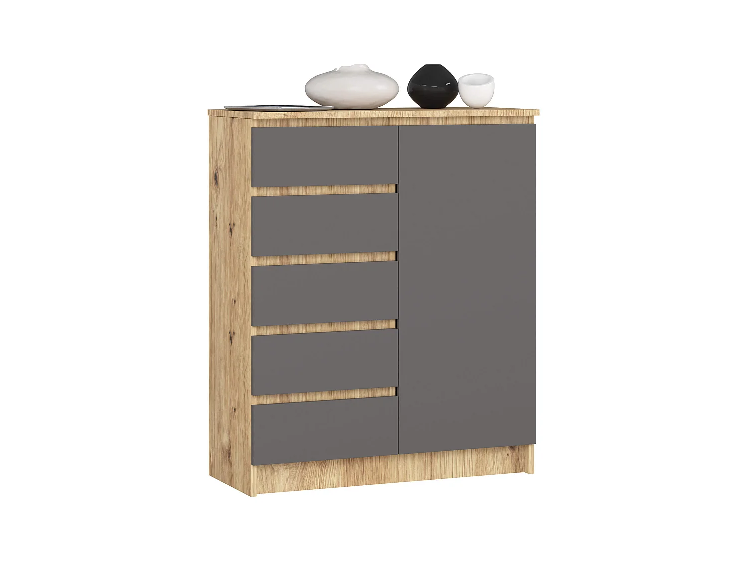 Commode AKORD K80 Chêne Artisan 80 cm 1 porte 5 tiroirs façade Gris Graphite 3 étagères 80x35x97 cm