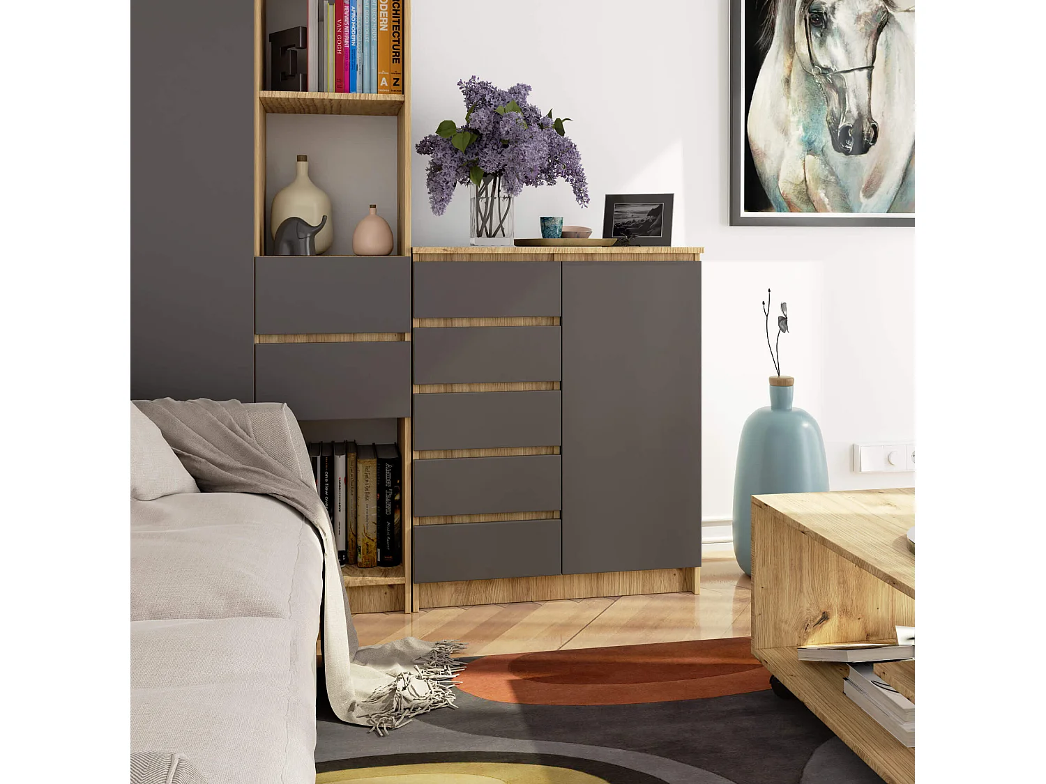 Commode AKORD K80 Chêne Artisan 80 cm 1 porte 5 tiroirs façade Gris Graphite 3 étagères 80x35x97 cm