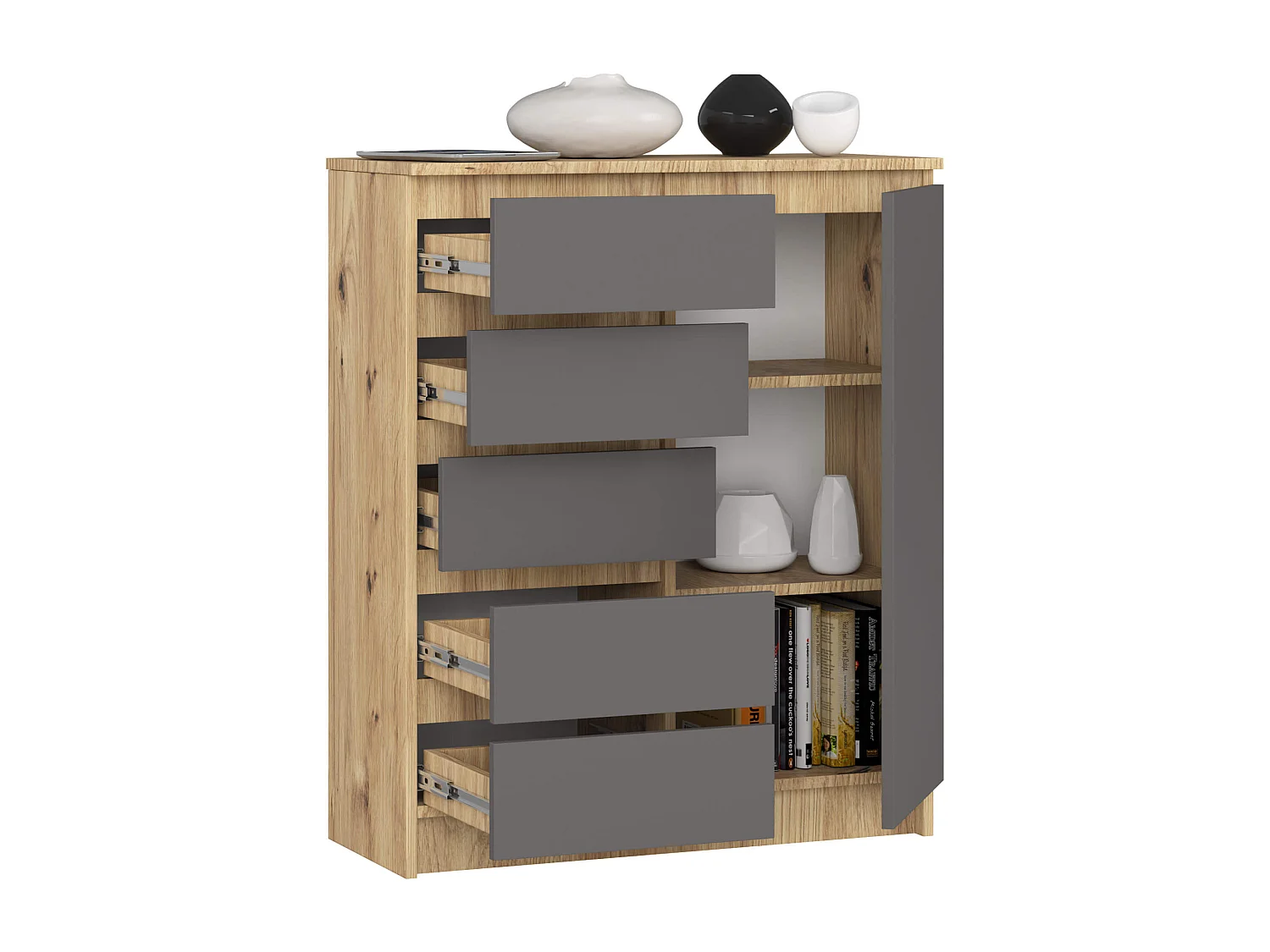 Commode AKORD K80 Chêne Artisan 80 cm 1 porte 5 tiroirs façade Gris Graphite 3 étagères 80x35x97 cm
