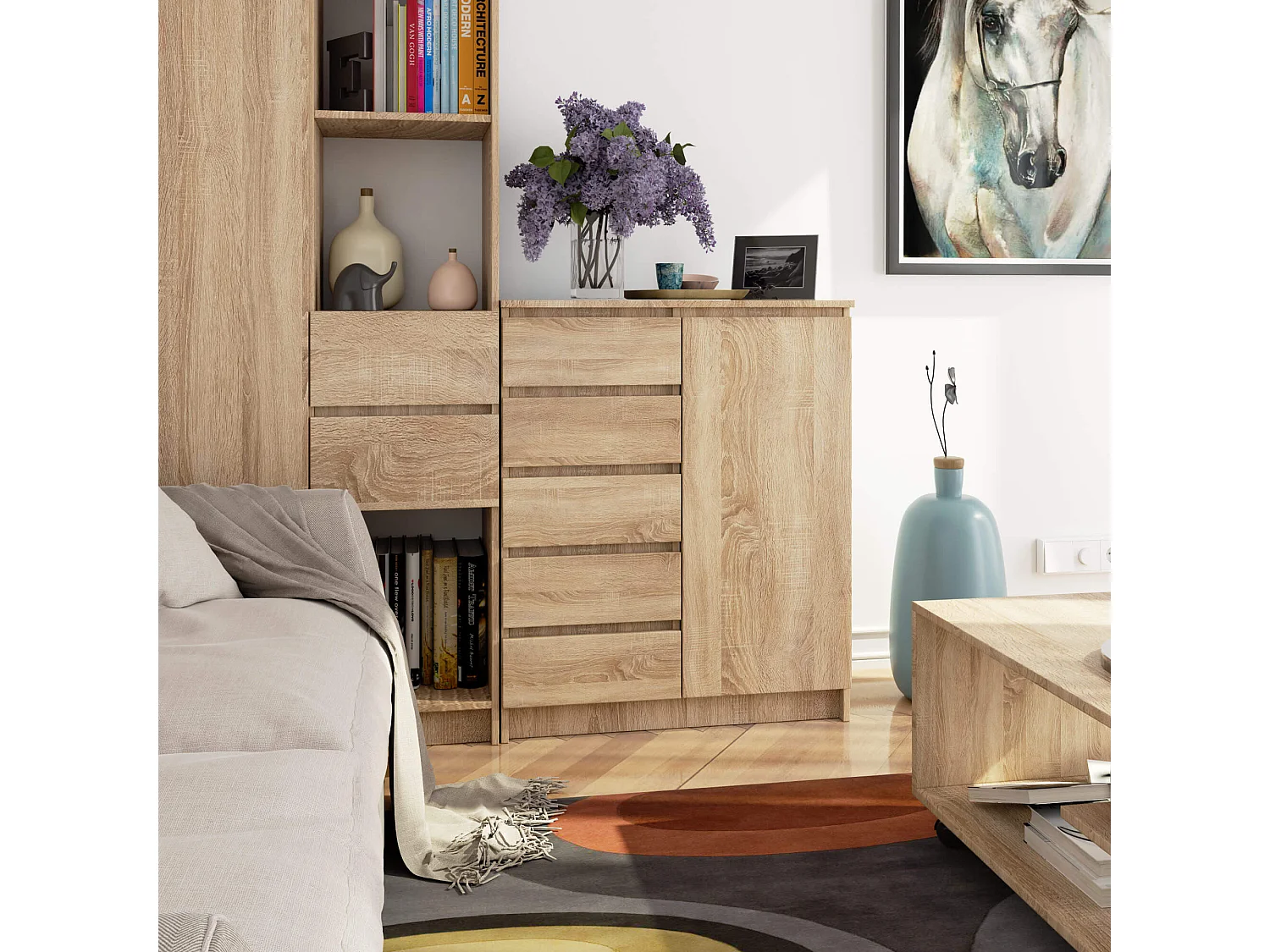 Kommode K80 met 5 Lades en 1 Deur / AKORD Furniture Factory / Sonoma Eik / 80 x 97 x 35 cm