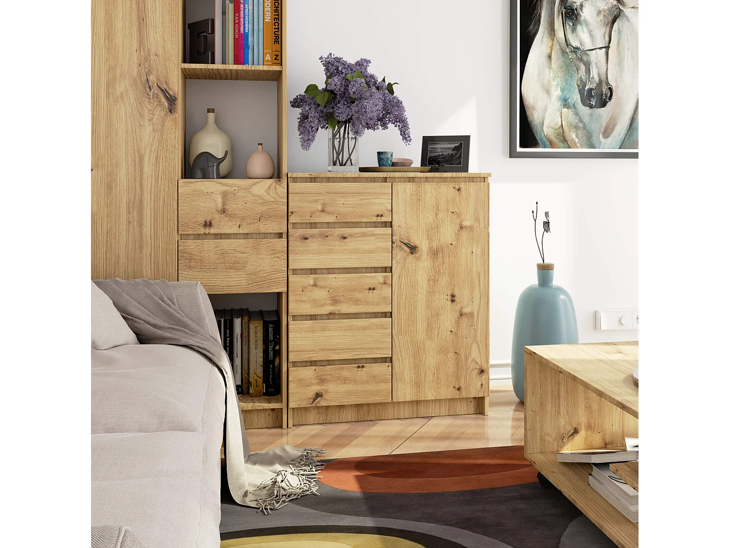 Commode AKORD K80 Chêne Artisan 80 cm 1 porte 5 tiroirs 3 étagères 80x35x97 cm