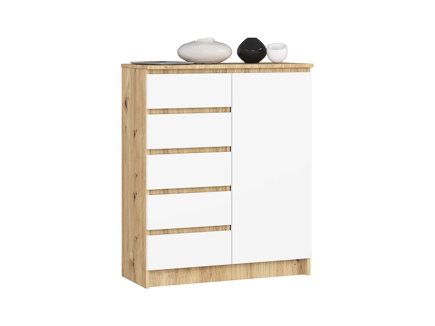 Commode AKORD K80 Chêne Artisan 80 cm 1 porte 5 tiroirs façade Blanche 3 étagères 80x35x97 cm