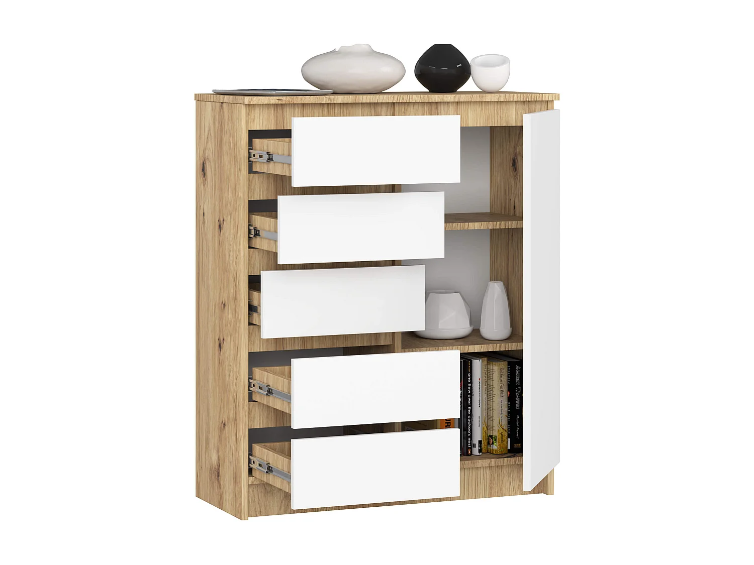 Cassettiera AKORD K80 Comò Quercia Artigiana 80 cm 1 porta 5 cassetti Colore frontale Bianco 80x35x97 cm