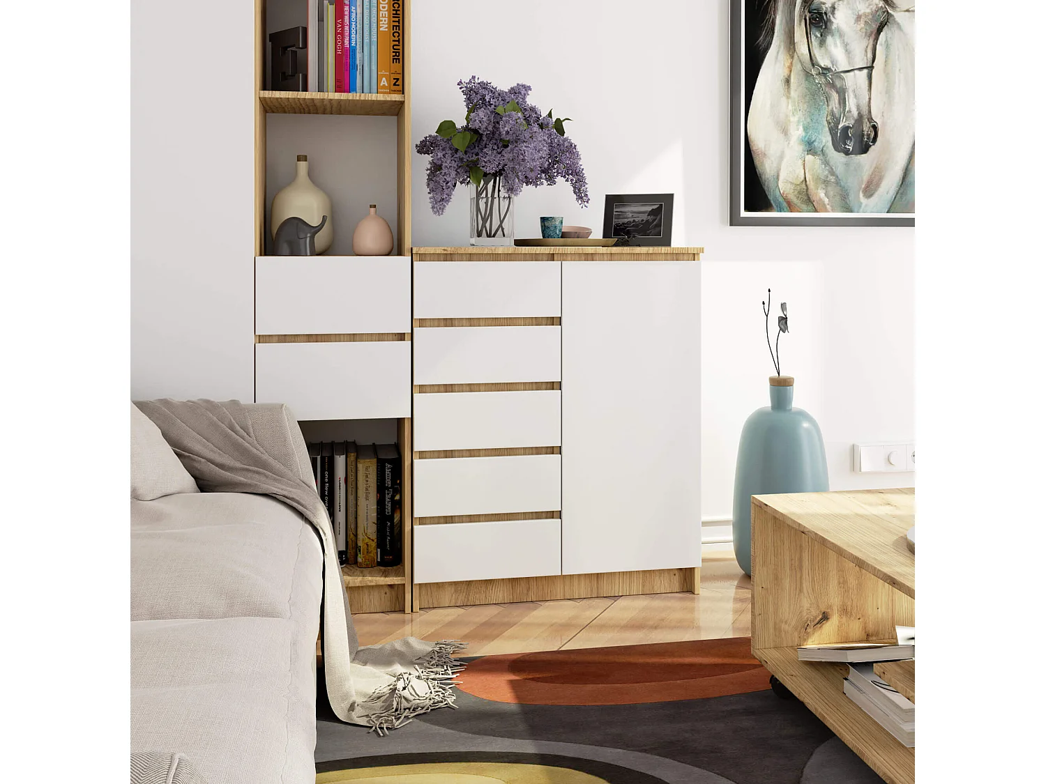 Cassettiera AKORD K80 Comò Quercia Artigiana 80 cm 1 porta 5 cassetti Colore frontale Bianco 80x35x97 cm