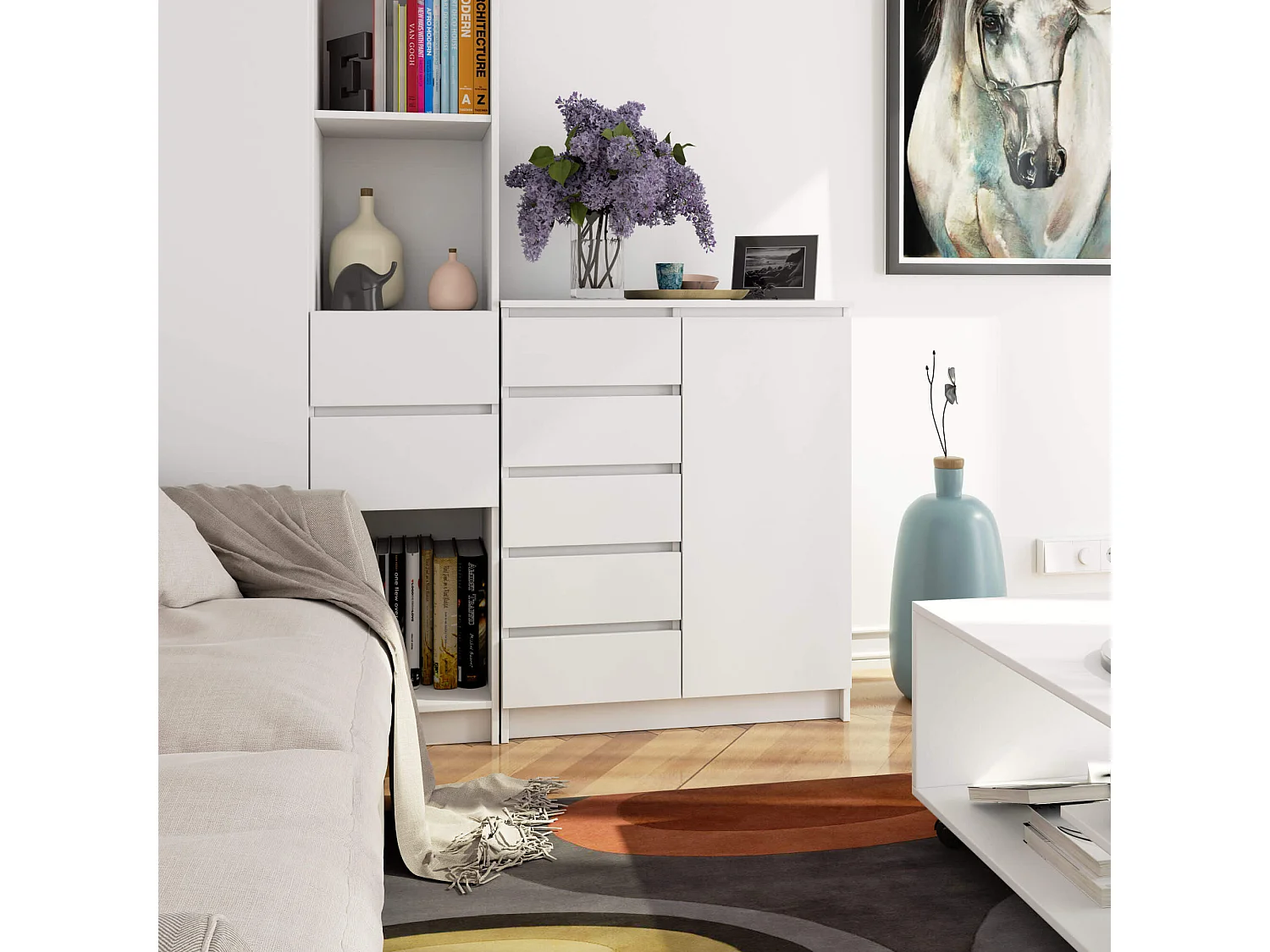 Commode AKORD K80 Blanche 80 cm 1 porte 5 tiroirs 3 étagères 80x35x97 cm