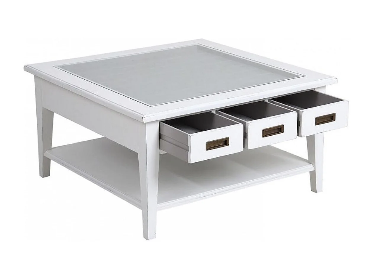 Table basse carrée plateau vitré Bois Blanc - Rhode Island Interior's