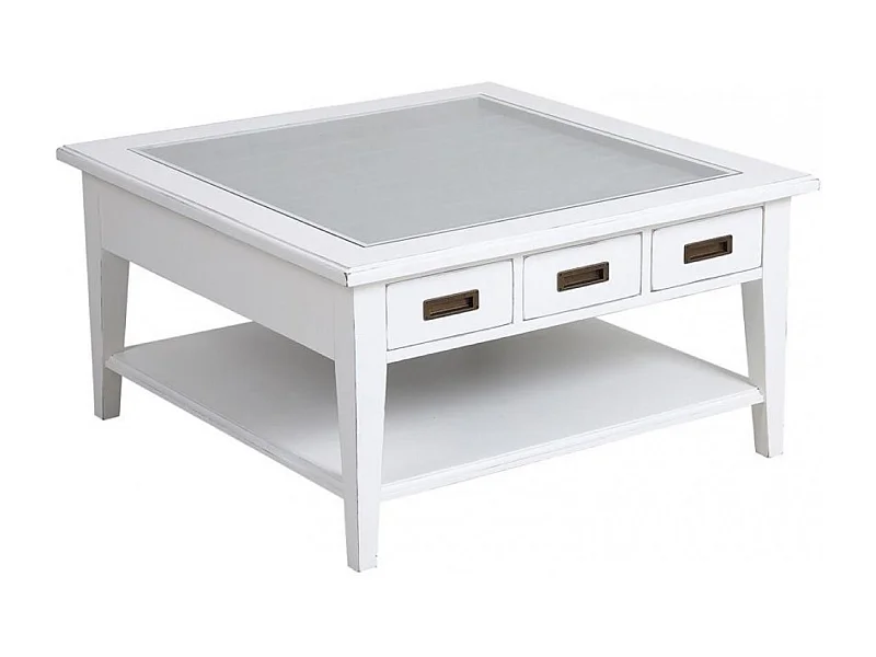 Table basse carrée plateau vitré MDF Blanc - Rhode Island Interior's