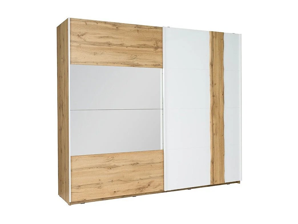 Zimmer WOOD in Eichen- und Weißfarben mit 180x200 LED-Bett, Kommode, Nachttischen und Schrank