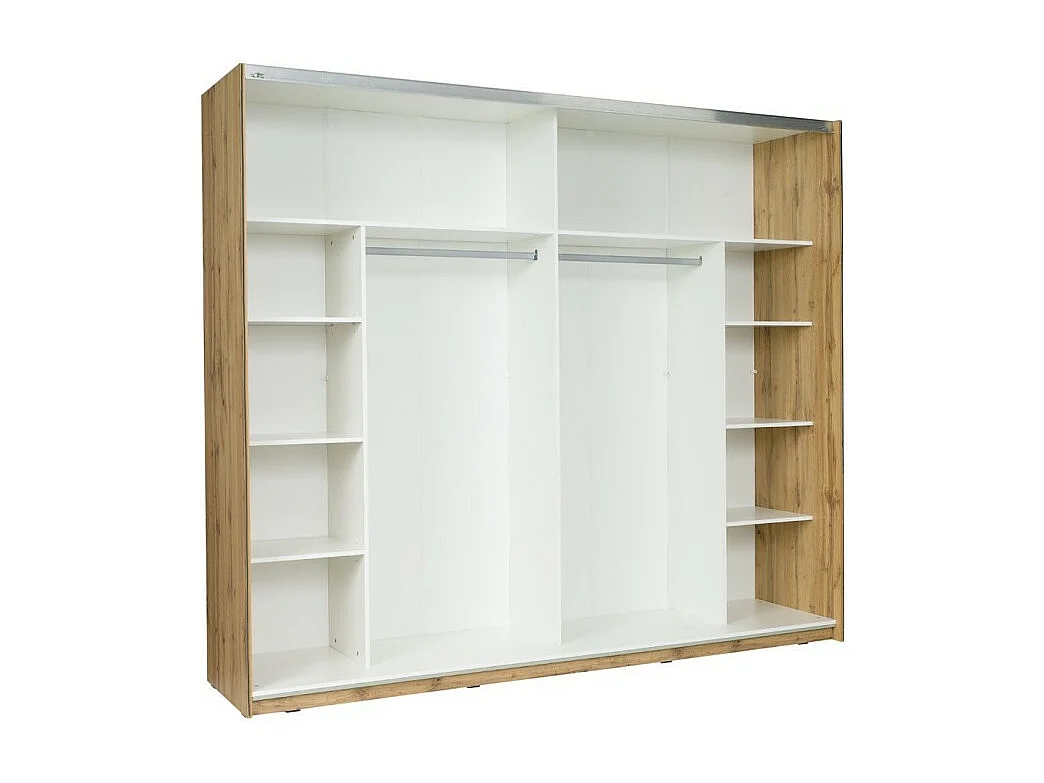 Zimmer WOOD in Eichen- und Weißfarben mit 180x200 LED-Bett, Kommode, Nachttischen und Schrank