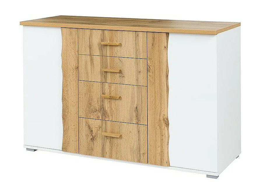 Zimmer WOOD in Eichen- und Weißfarben mit 180x200 LED-Bett, Kommode, Nachttischen und Schrank