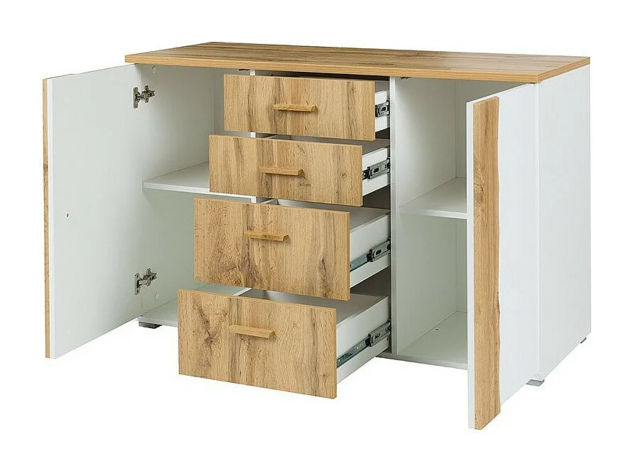 Zimmer WOOD in Eichen- und Weißfarben mit 180x200 LED-Bett, Kommode, Nachttischen und Schrank