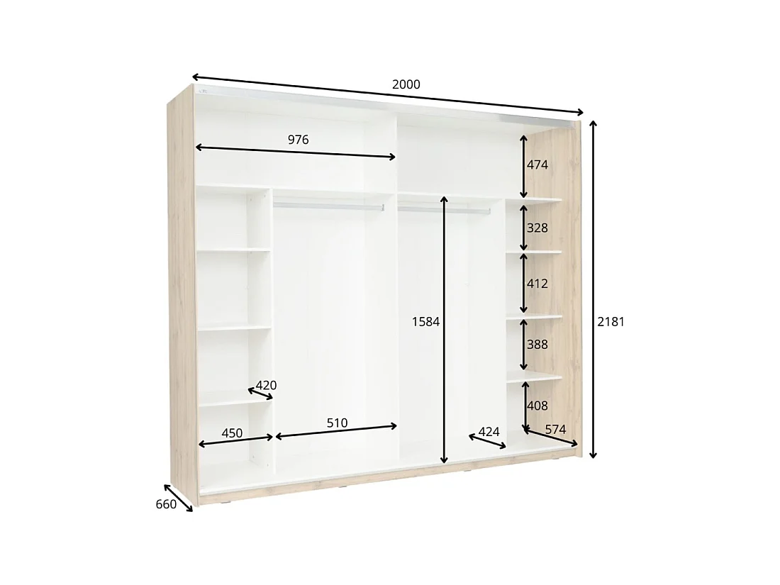 Chambre complète WOOD avec lit 180 x 200 cm LED, armoire, commode et chevets – Chêne et blanc