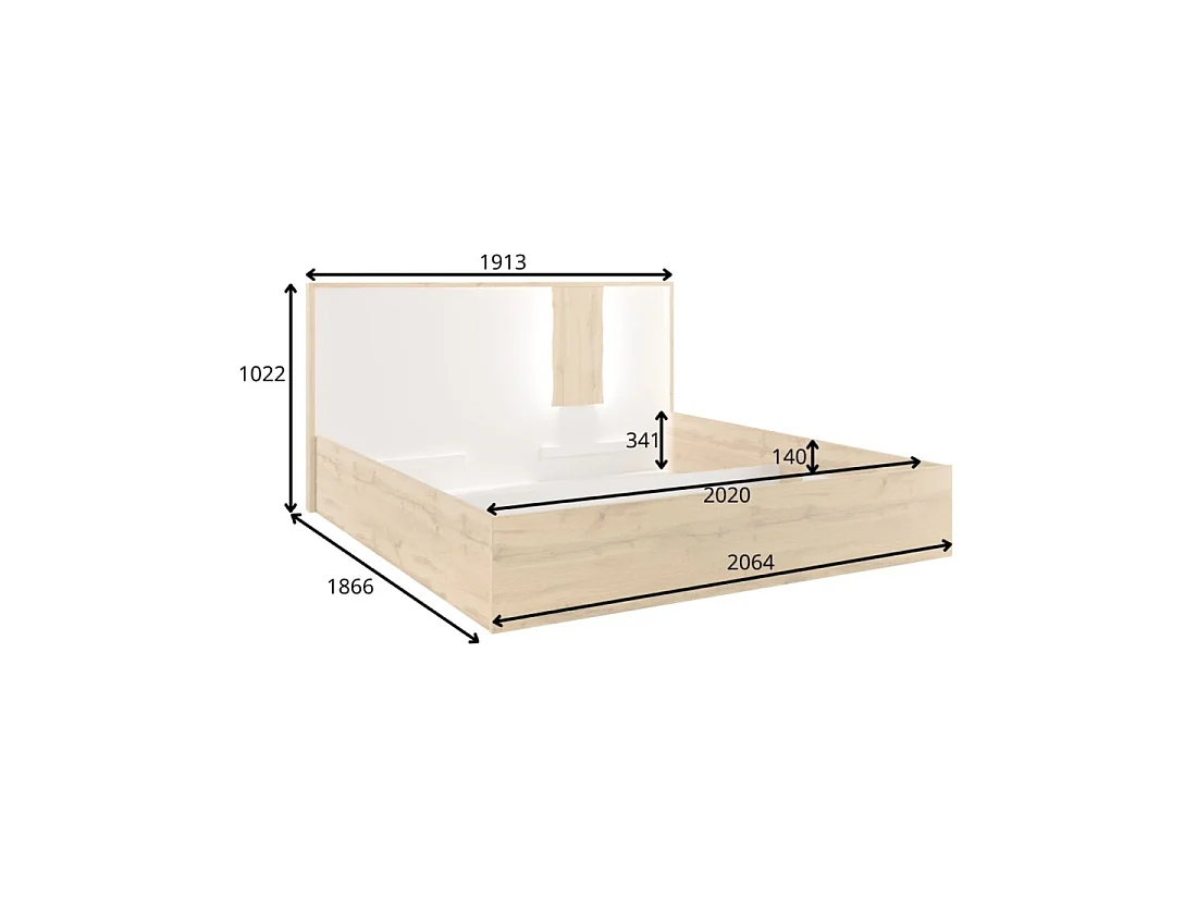Chambre complète WOOD avec lit 180 x 200 cm LED, armoire, commode et chevets – Chêne et blanc