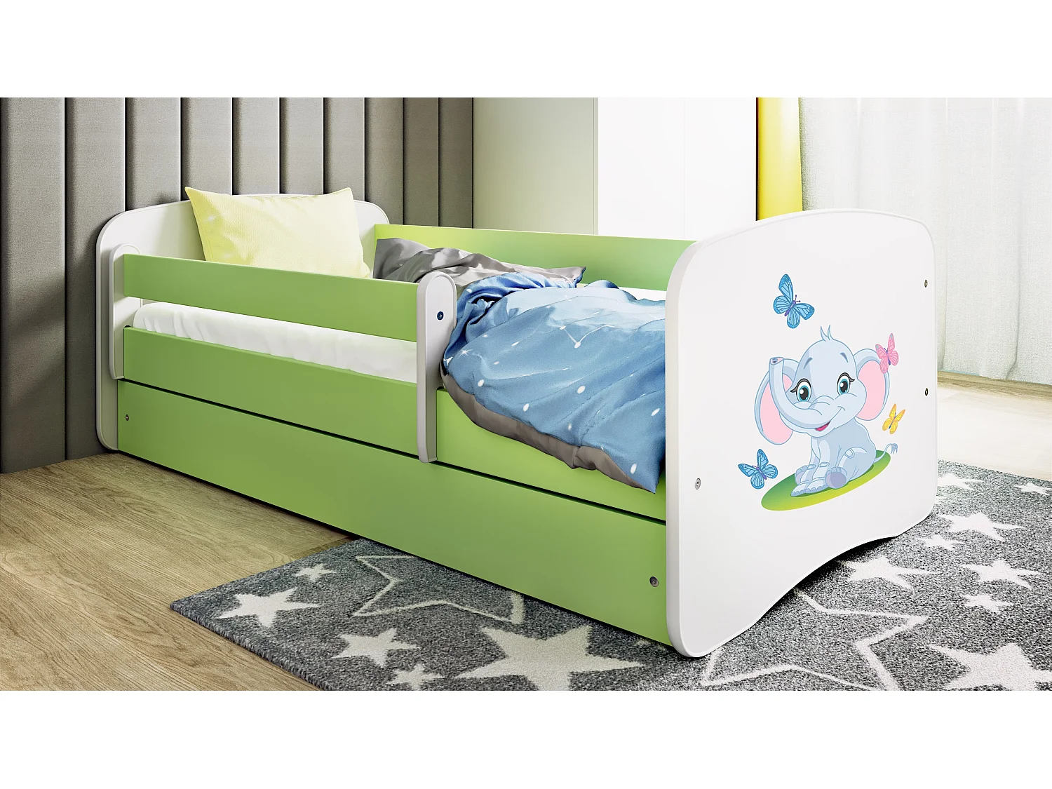 Kinderbett Elefant  mit Schublade Grün 140/70 | Jugendbett