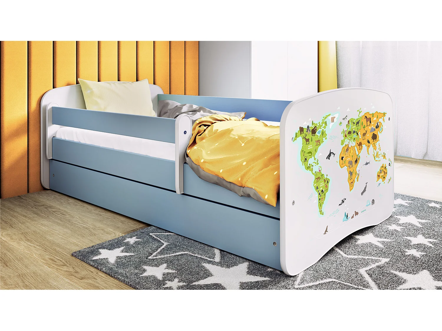 Kinderbett Karte  mit Schublade Blau 140/70 | Jugendbett