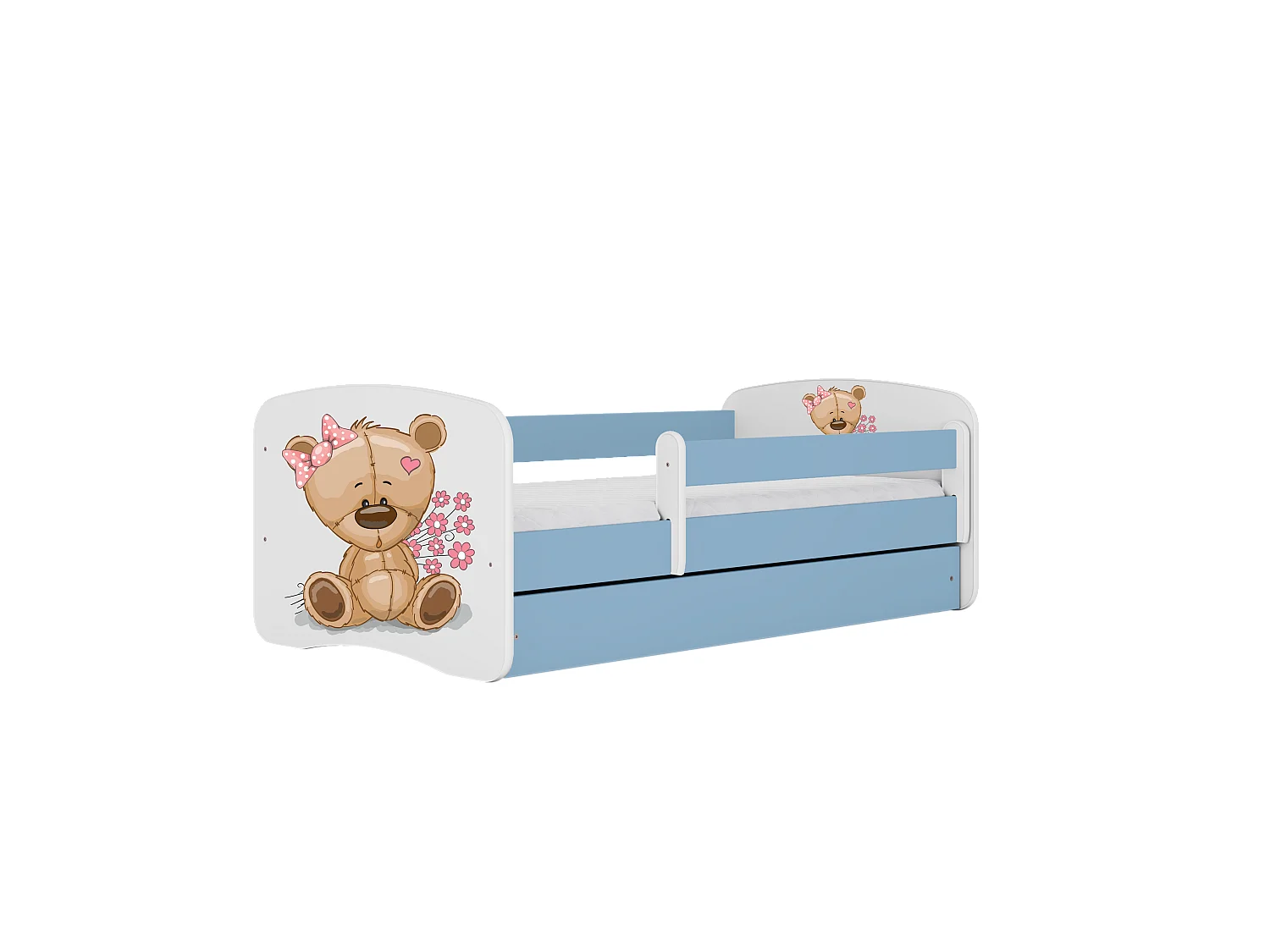 Kinderbett Teddybärblumen  mit Schublade Blau 160/80 | Jugendbett