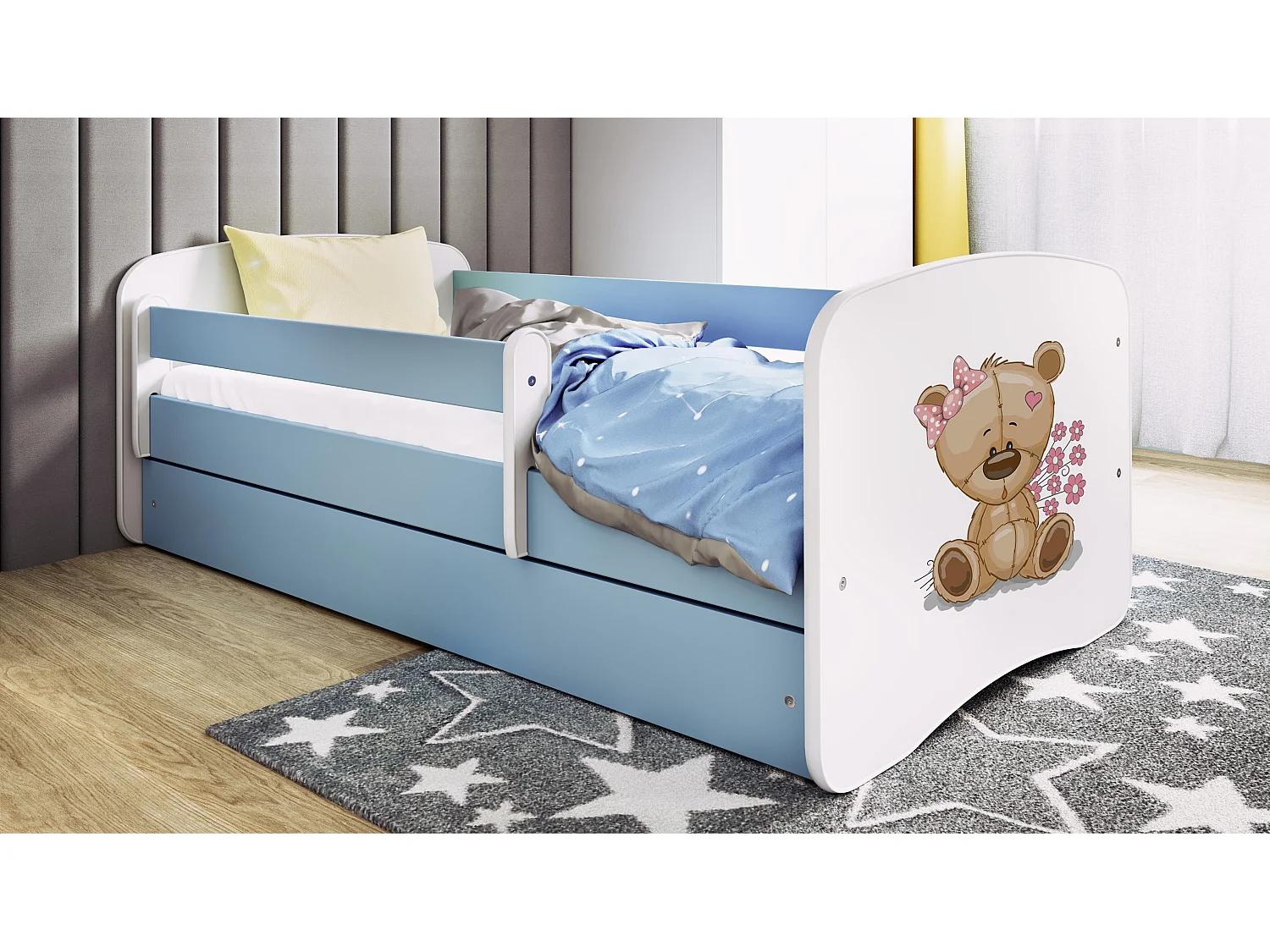 Kinderbett Teddybärblumen  mit Schublade Blau 160/80 | Jugendbett