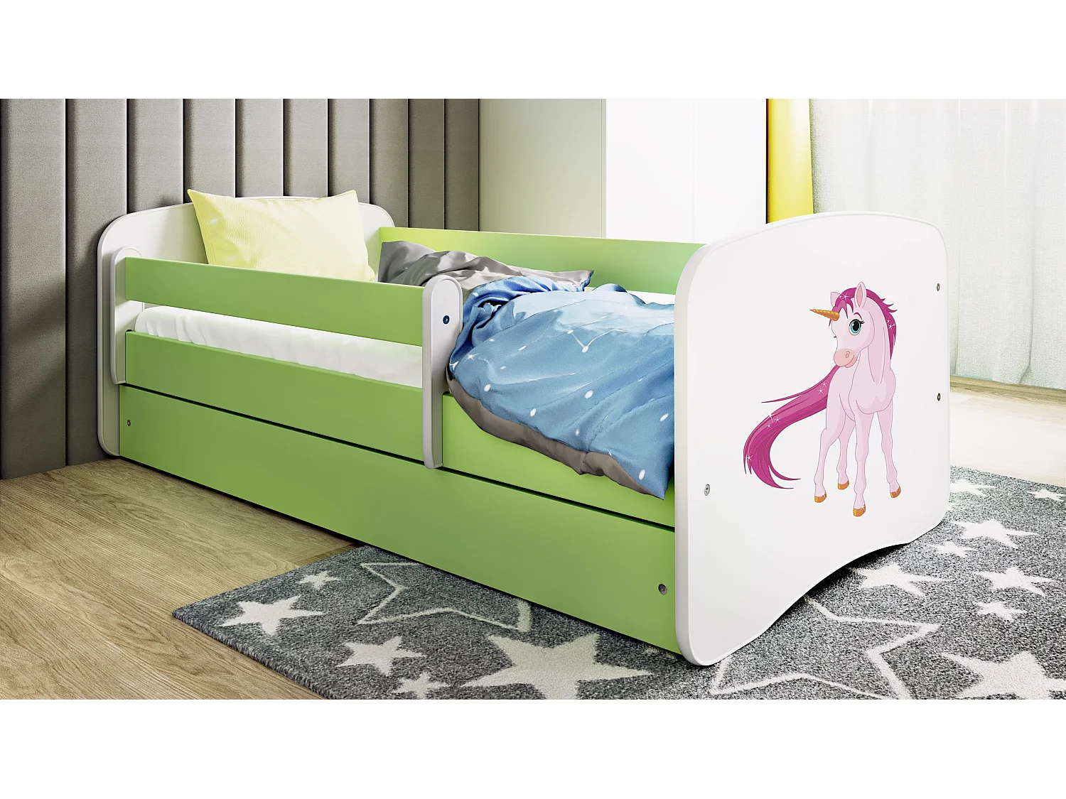 Kinderbett Einhorn  mit Schublade Grün 160/80 | Jugendbett