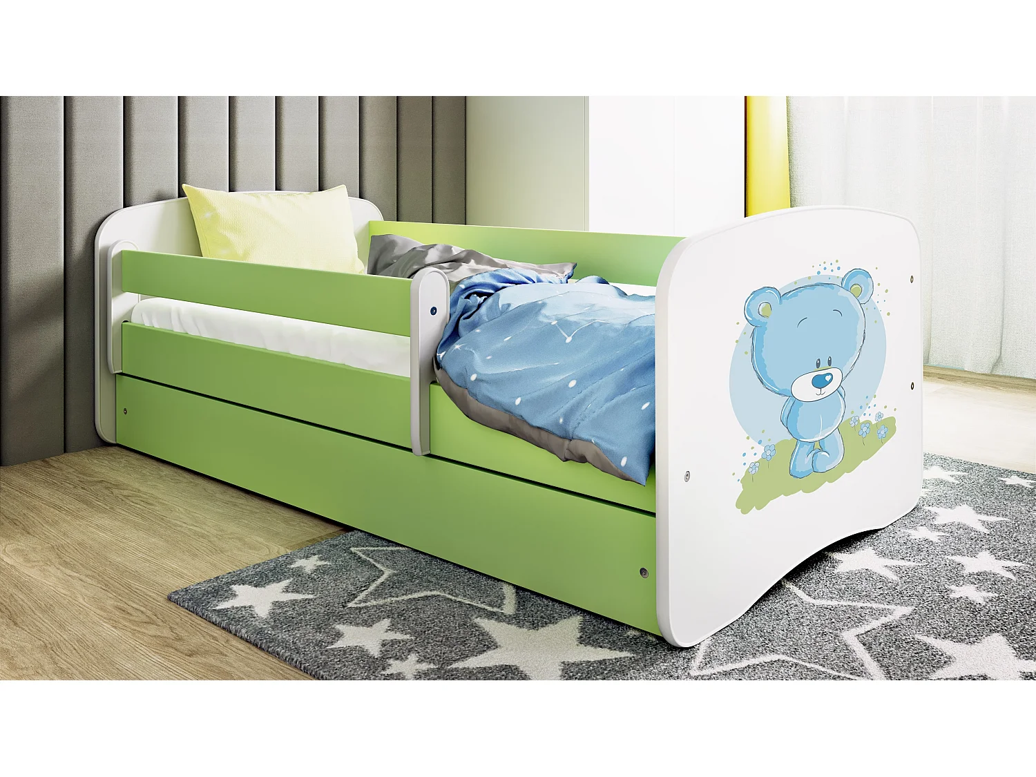 KINDERBETT blauer Teddybär Blumen mit Schublade und Matratze 140/70cm