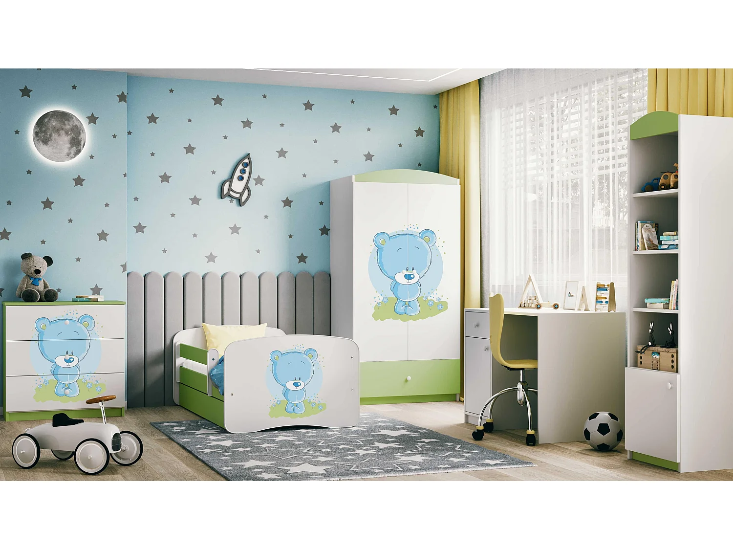 Kinderbett blauer Teddybär Blumen  mit Schublade Grün 140/70 | Jugendbett