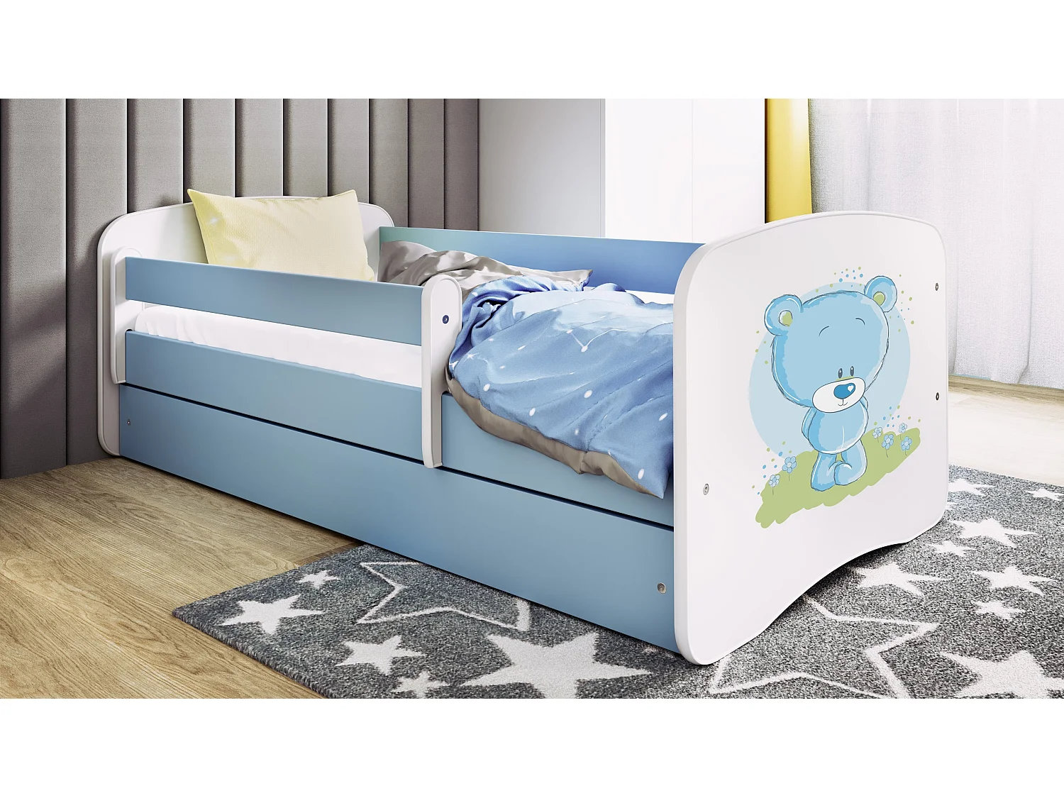 KINDERBETT blauer Teddybär Blumen mit Schublade und Matratze 140/70cm