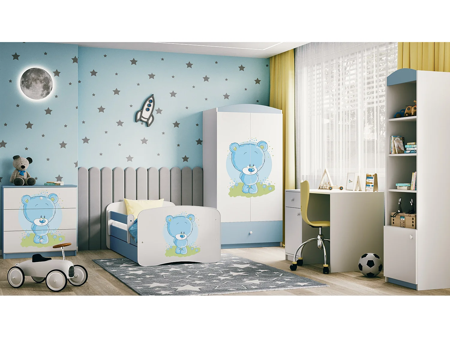 KINDERBETT blauer Teddybär Blumen mit Schublade und Matratze 140/70cm