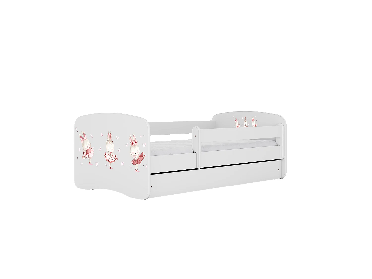 Kinderbett Kaninchen mit Schmetterlingen  mit Schublade Weiß 140/70 | Jugendbett